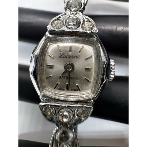 Vintage Lucerne Ladies Watch Rhinestone Silver Tone Antishock Hong Kong 7” Runs - Picture 11 of 11